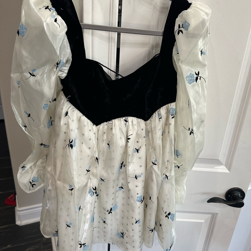 For Love And Lemons Black and Cream Blouse with Blue Accents